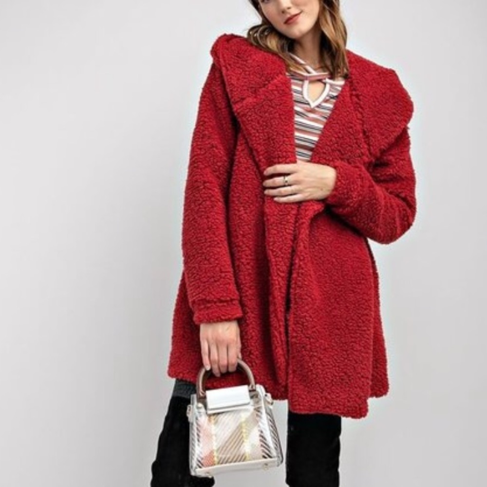 2 M left RED WINE FAUX FUR Oversized hoodie jacket - Picture 3 of 6